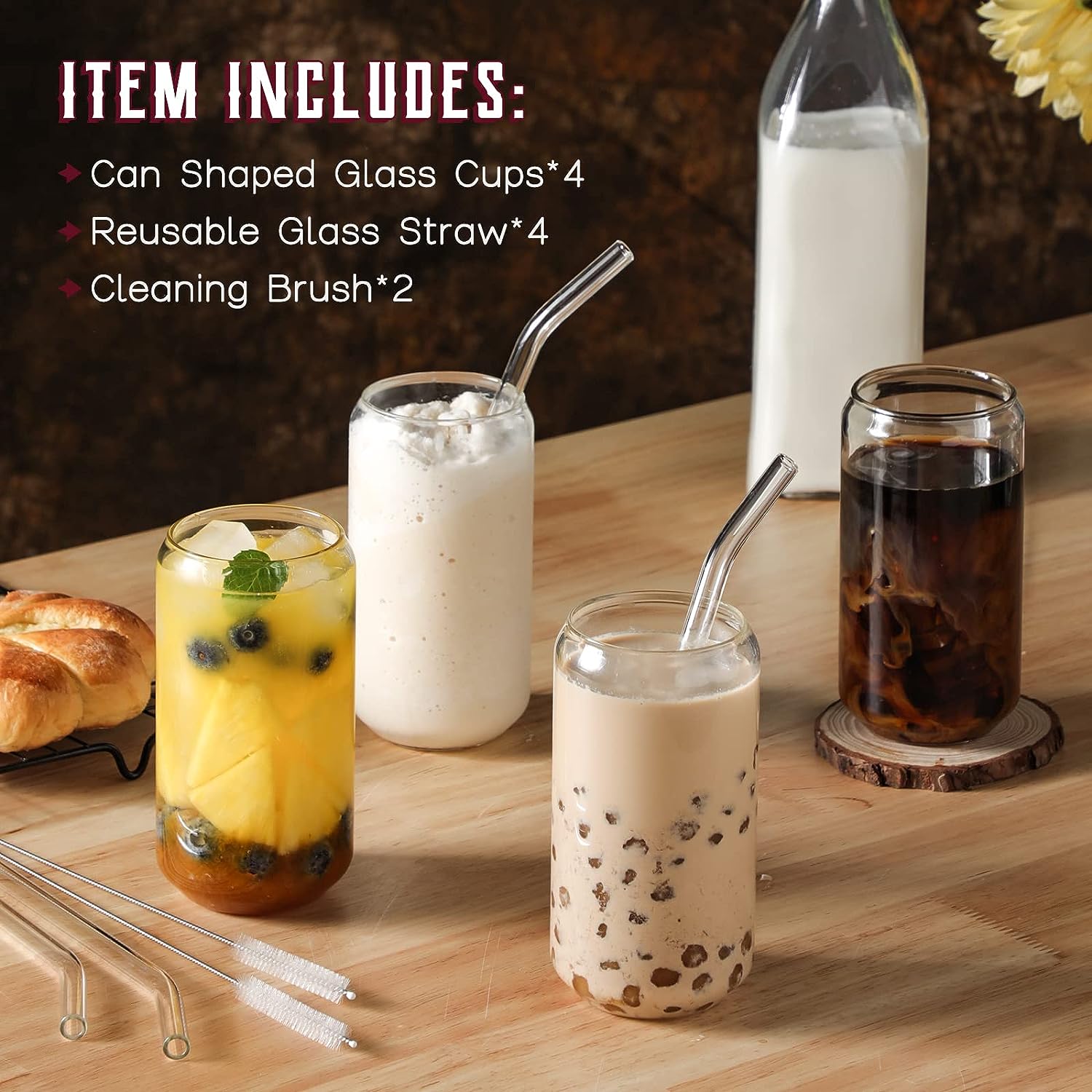 NETANY Drinking Glasses with Glass Straw 4pcs Set - 16oz Can Shaped Glass Cups, Beer Glasses, Iced Coffee Glasses, Cute Tumbler Cup, Ideal for Whiskey, Soda, Tea, Water, Gift - 2 Cleaning Brushes - Image 2